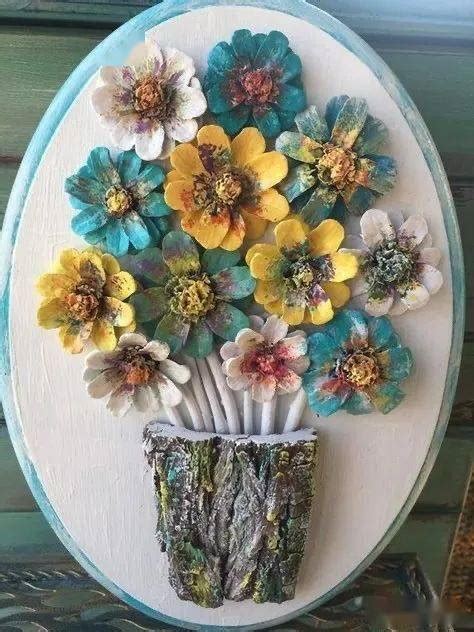 松果创意手工——丙烯与松果结合创作出漂亮的花儿拼贴画_松树