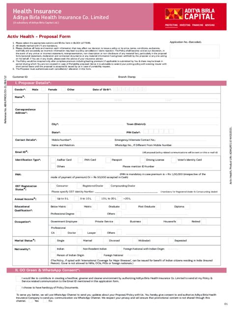 Fillable Online Health Insurance - 6.1 Proposal form.cdr - Aditya Birla ...
