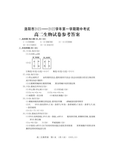 河南省洛阳市2021-2022学年高二上学期期中考试生物试题扫描版含答案-教习网|试卷下载