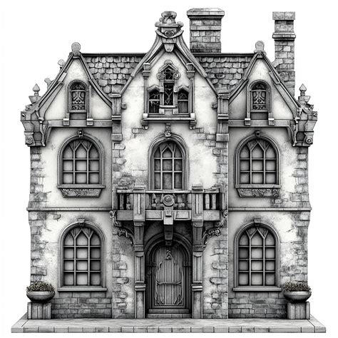 Front view building for a fantasy map black and white with white ...