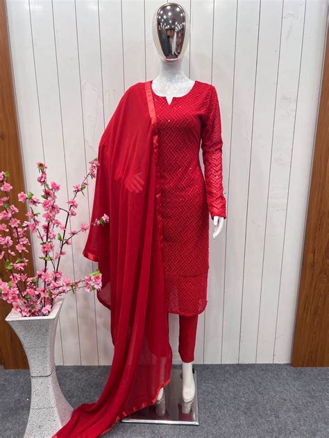 Red Lucknowi Georgette Kurti Suit with Palazzo & Organza