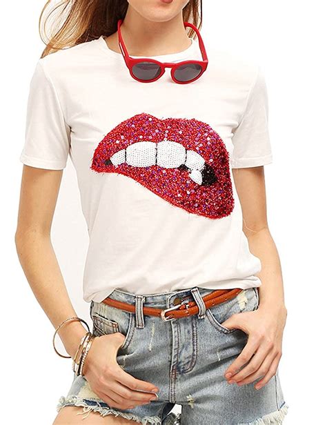 Buy FV RELAY Womens Sequined Glittery Lips Print Tee Cute Embroidery ...
