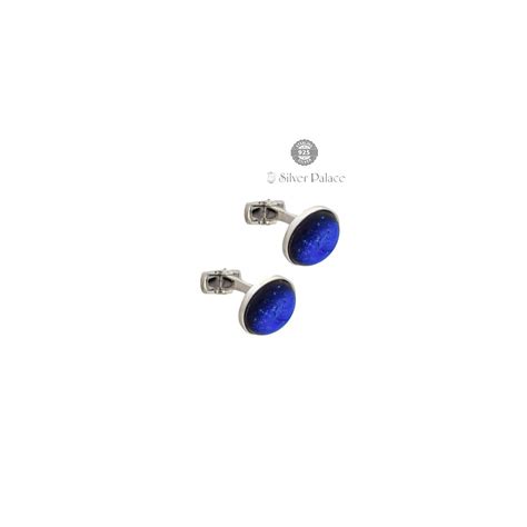 925 Pure Sterling Silver Blue Stone Cufflink For Men - Silver Palace
