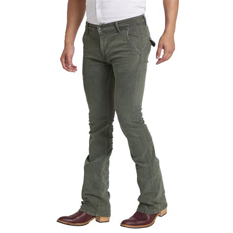 Mode De Base Mens's Casual Slim Fit Olive Green Bootcut Jeans (Olive G ...