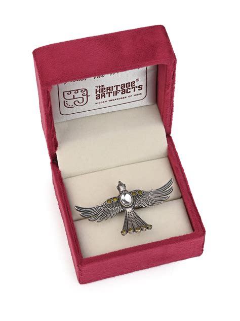 MAURYANA - Oxidised silver flying eagle shaped ring with colorful ston