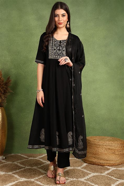 Black Viscose Rayon Anarkali Yoke Design Kurta Pant – Jinaaya