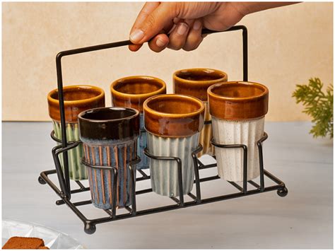 Bodhi House Ceramic Cutting Chai Glasses Set of 6 Piece with Foldable ...