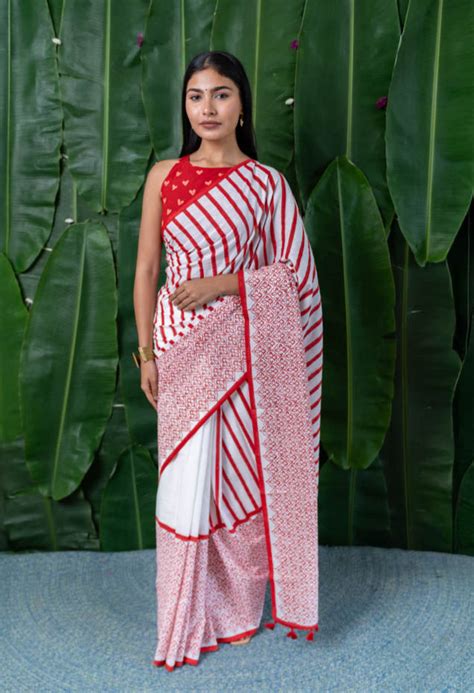 Crimson Stripe Hand Block Printed Mulmul Cotton Saree – Moora