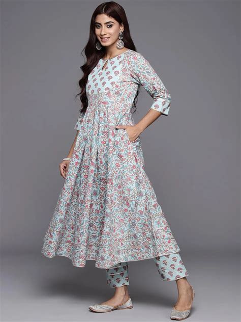Buy Blue Yoke Design Cotton Anarkali Kurta With Trousers & Dupatta ...