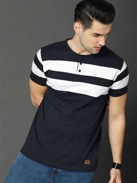 Roadster Men Navy Blue White Striped Henley Neck Pure Cotton T-shirt ...