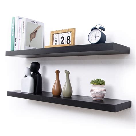 Black Floating Shelves, 36 Inch Solid Wood Wall Shelves Set of 2 ...