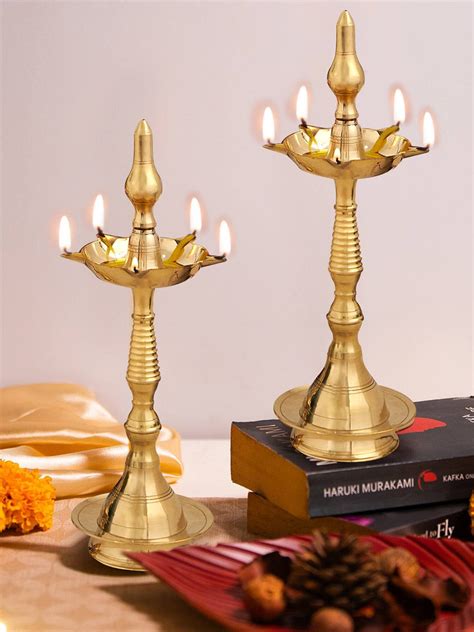 Buy | 2-PCS Brass Kerala Diya Oil Lamp Stand | Tied Ribbons