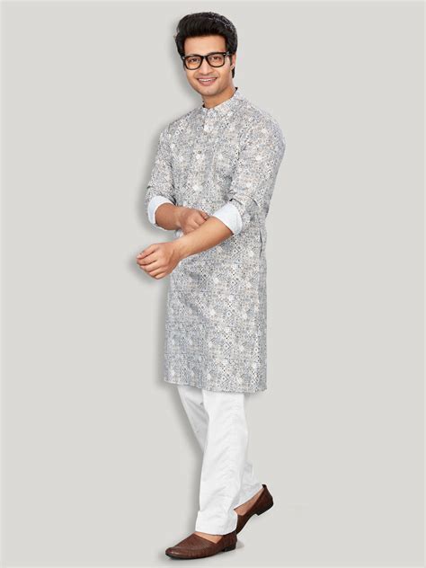 Pure Cotton Giza Satin Premium Geometric Print Kurta with Cuffed Sleev ...
