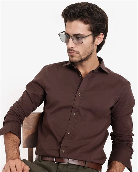 Rare Rabbit Men's Arlet Brown Cotton Plain Regular Fit Full Sleeve Col
