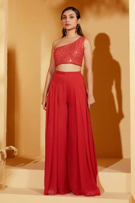 Buy Red Crepe, Georgette Sequins, Crystals Embroidered Crop Top With ...