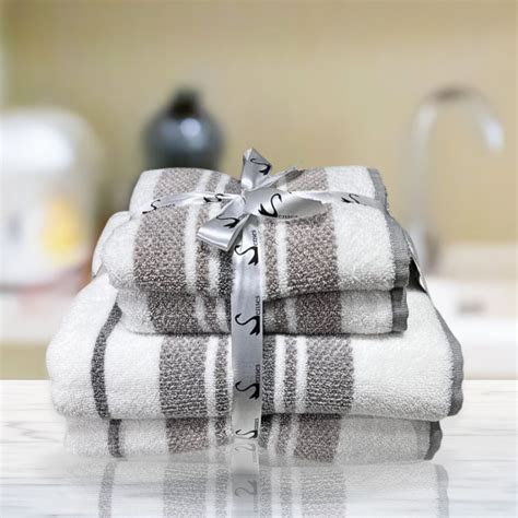 500 GSM 4 Piece Yarn Dyed Zero Twist Towels Set - Stripes (Grey, Pebbl ...