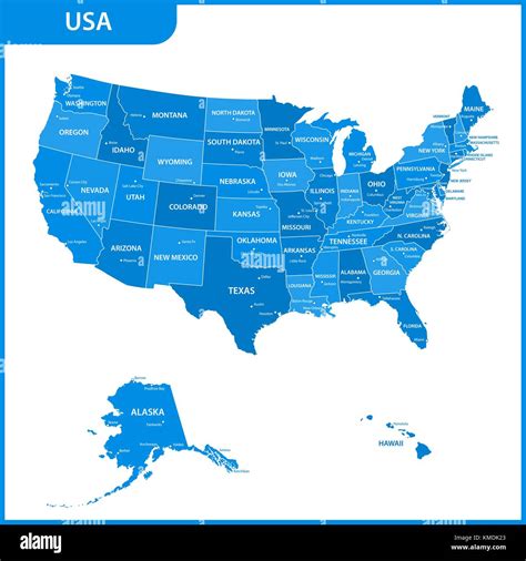 The detailed map of the USA with regions or states and cities, capital. United States of America ...