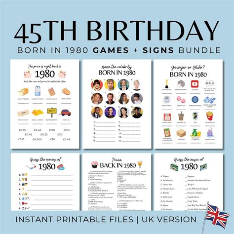 45th Birthday Games Bundle, Born in 1980 Party Decorations, 45th ...