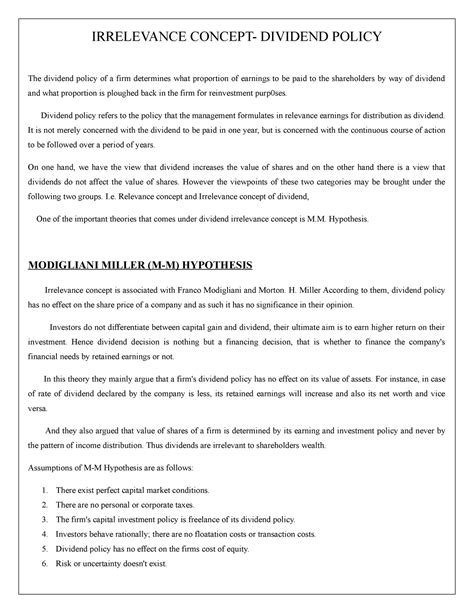 irrelevance concept - IRRELEVANCE CONCEPT- DIVIDEND POLICY The dividend ...