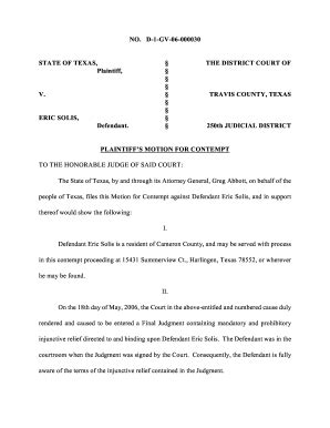 TX Plaintiff's Motion For Contempt - Travis County - Complete Legal ...