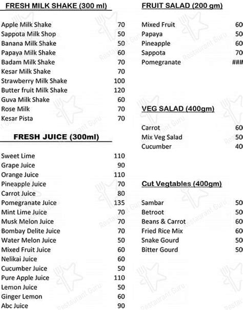 Menu at ASR Velus Pazlamudir Solai, Chennai