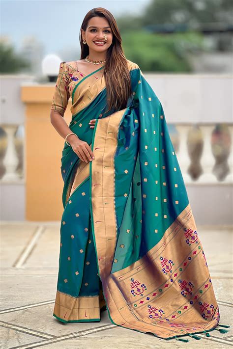 Charismatic Rama Paithani Silk Saree With Designer Blouse Piece ...
