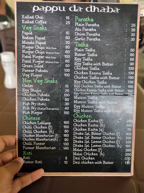 Menu at Pappu Da Dhaba, India, Dakshingram Palsanda