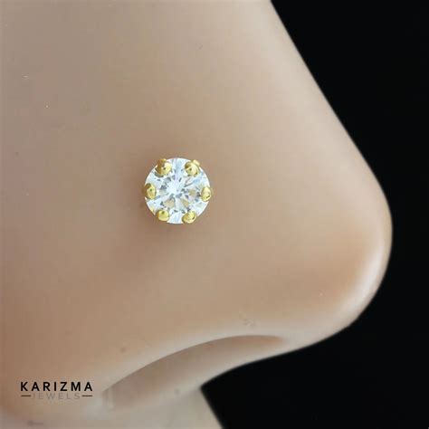 14K Real Gold Women White CZ Screw Round Nose stud nose ring – Karizma ...