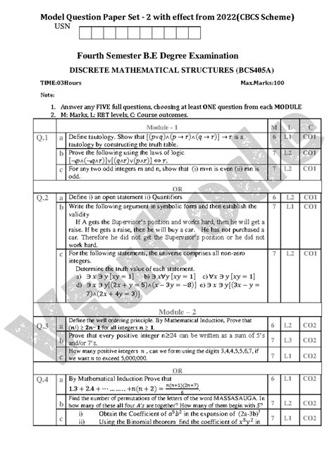 BCS405A Discrete Mathematical Structures Model Question Paper Set 2 ...