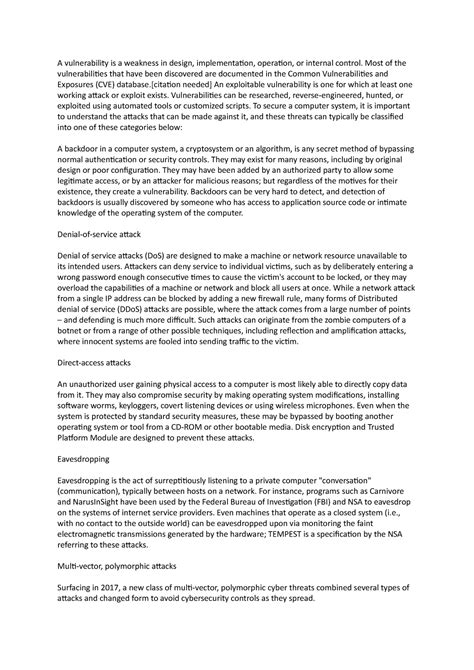 Vulnerabilities and attacks - A vulnerability is a weakness in design ...