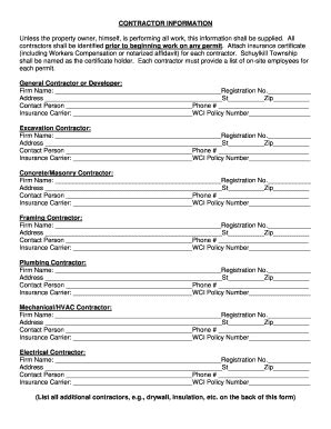 Fillable Online Contractor Information Form - Schuylkill Township Fax ...