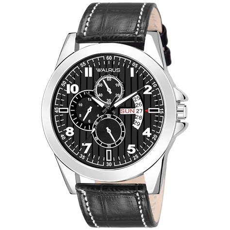 Walrus Black Dial Analog Day Date Function Leather Strap Wrist Watch ...