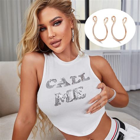 SAILIMUE 10Pcs Fake Nipple Piercing with Chain Fake Nipple Ring for Women Stainless Steel Non ...