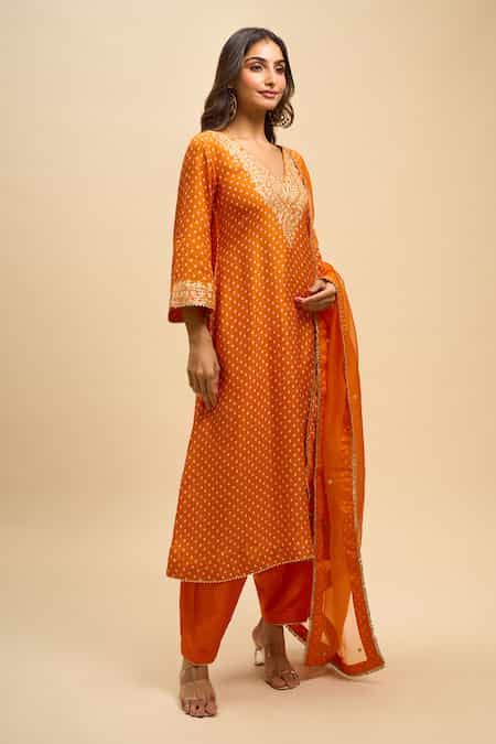 Buy Orange Embroidery V-neck, Yes Zaliyah Kurta Set For Women by ...
