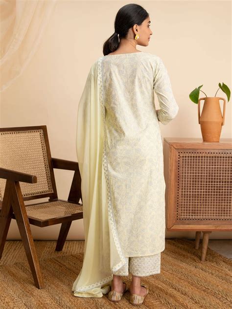 Buy Yellow Printed Cotton Straight Kurta With Palazzos & Dupatta Online ...