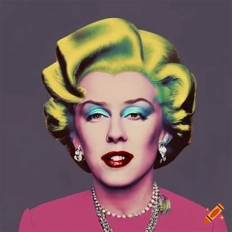 Pop art portrayal of Queen Elizabeth II as Marilyn Monroe by Andy Warhol on Craiyon