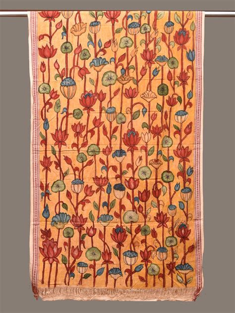 Yellow Kalamkari Hand Painted Cotton Handloom Dupatta with Lotus Desig ...
