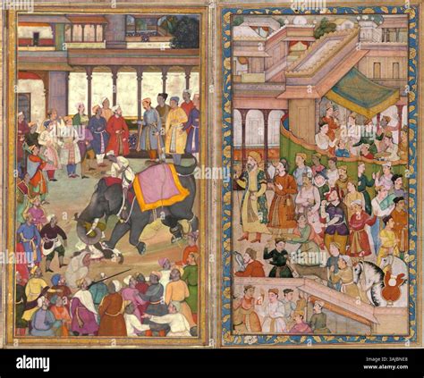 This joined painting shows the execution of an individual by elephant ...