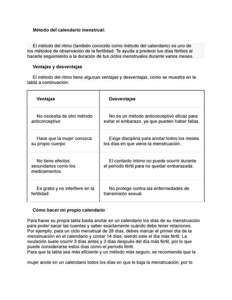 Metodos Anticonceptivos Naturales - Método del calendario menstrual: El método del ritmo ...