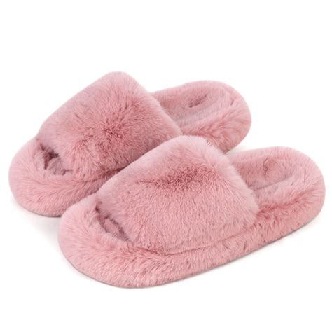 Women's Open Toe House Slippers,Soft and Cute Fluffy Faux Plush Indoor ...