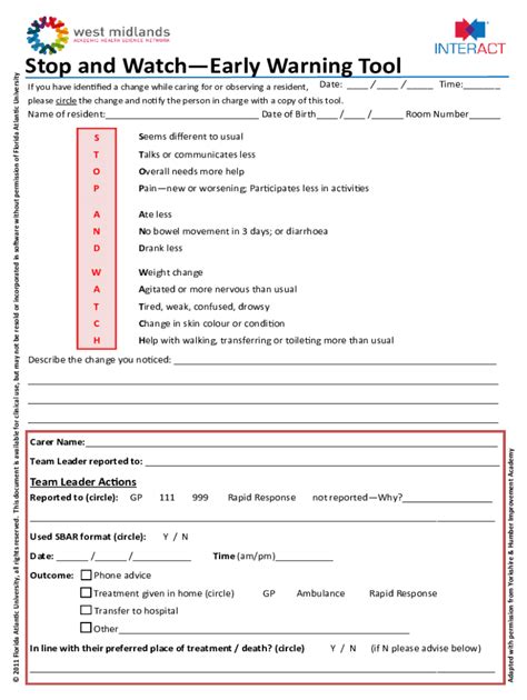 Stop and Watch Early Warning Tool - Blank Fillable Template | Fill Out ...