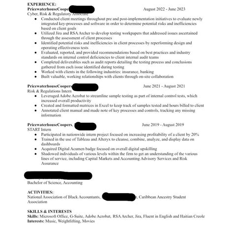 Could use some resume feedback. Got fired from PwC in June and am looking to apply to EY. What ...