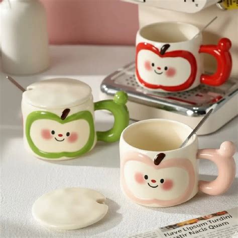 Cute Apple Porcelain Mug with Lid & Spoon – Smiling Fruit Design Coffe ...