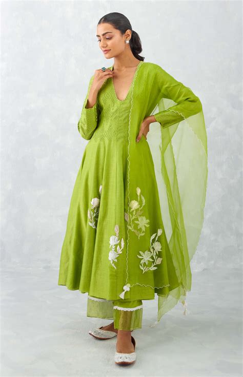 Devnaagri - Green Embroidered Chanderi Anarkali Set
