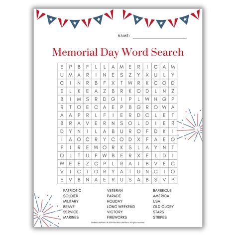 Memorial Day Word Search Printable PDF Memorial Day Word Find Game for ...