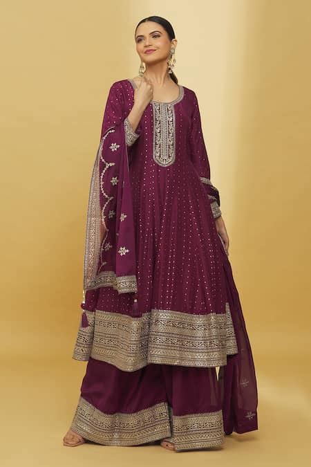 Buy Wine Silk, Georgette Zari, Sequins, Embroidery Scoop And Anarkali ...