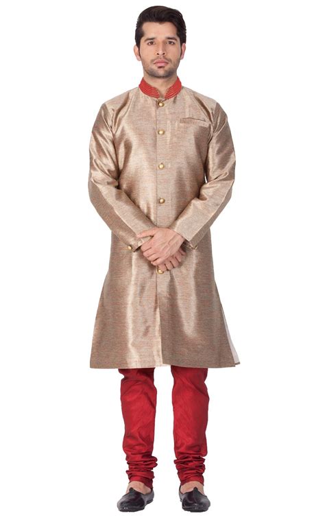 Buy VASTRAMAY Men Silk Blend Sherwani Style Kurta Set (Antique Gold ...
