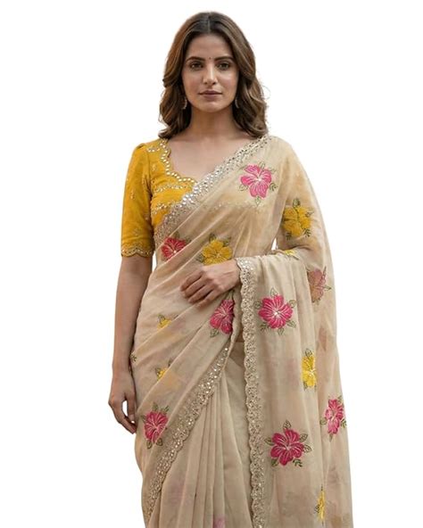 SareeDress Floral Embroidered Saree with Contrast Yellow Blouse – My Store