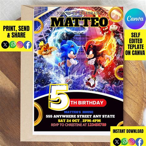 Sonic 3 Editable Birthday Invitation, Super Hedgehog Boys Party Invite ...