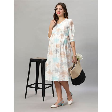 Buy Mamma's Maternity Peach Printed Rayon Feeding Dress Online